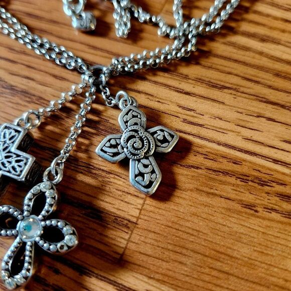 BRIGHTON "Faithful" Triple Cross Silver And Crystal Y Drop Vintage Necklace - Picture 2 of 14